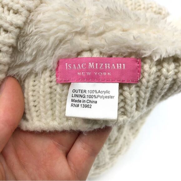 ISAAC MIZRAHI Cable Knit Pom Pom Beanie Cream OS - Picture 5 of 6